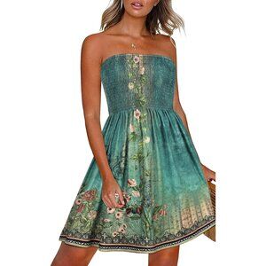 Women Green Floral Strapless Off Shoulder Cover Ups Casual Beach Sundress
